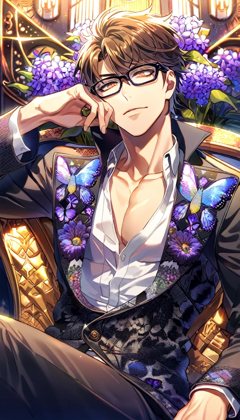 Ultra detailed, Highres, absurdres, HDR, Miyuki Kazuya, brown hair, expressive amber eyes, black coat with patterns, black glasses, Diamond No Ace, white shirt, cross, glittering purple butterflies, petals, handsome, sexy man, solo, very detailed eyes and face, master piece, toned chest, glittering, purple flowers, sitting