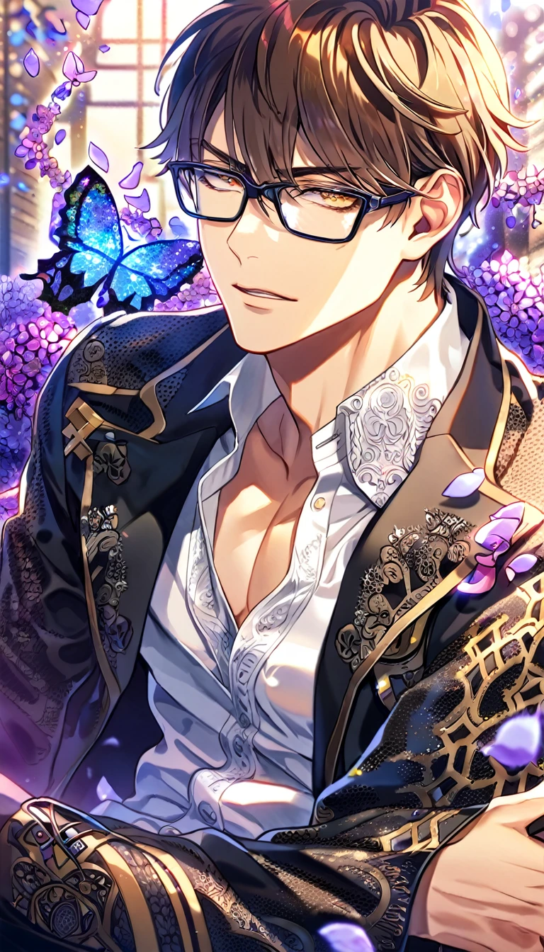 Ultra detailed, Highres, absurdres, HDR, Miyuki Kazuya, brown hair, expressive amber eyes, black coat with patterns, black glasses, Diamond No Ace, white shirt, cross, glittering purple butterflies, petals, handsome, sexy man, solo, very detailed eyes and face, master piece, toned chest, glittering, purple flowers, sitting