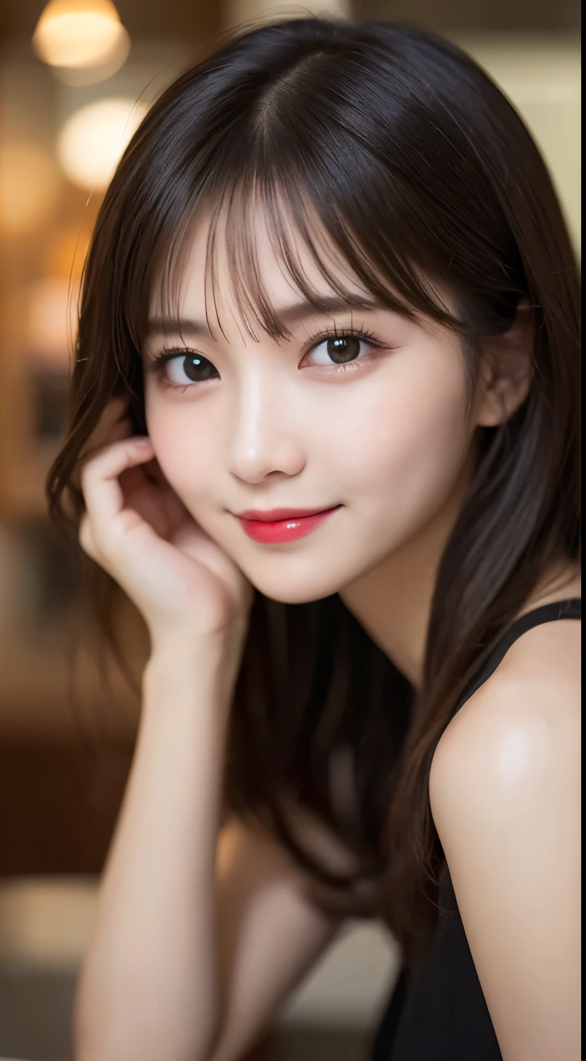 Tabletop, highest quality, shape, Very detailed, finely, High resolution, 8k wallpaper, 完璧なダイナミックな構shape, Beautiful and exquisite,ランダムなcute髪,,Natural color lip, Bold sexy pose,smile、20-year-old girl、cute、Looking into the camera,Always blur the background,Perfect and beautiful face,Slim face and figure,Big eyes、Putting on gal makeup,Small face,Shooting from below、smile,Blurred Background,Elegant feminine face、Cyberpunk Fashion、smile、Gestures when you are being spoiled by a man