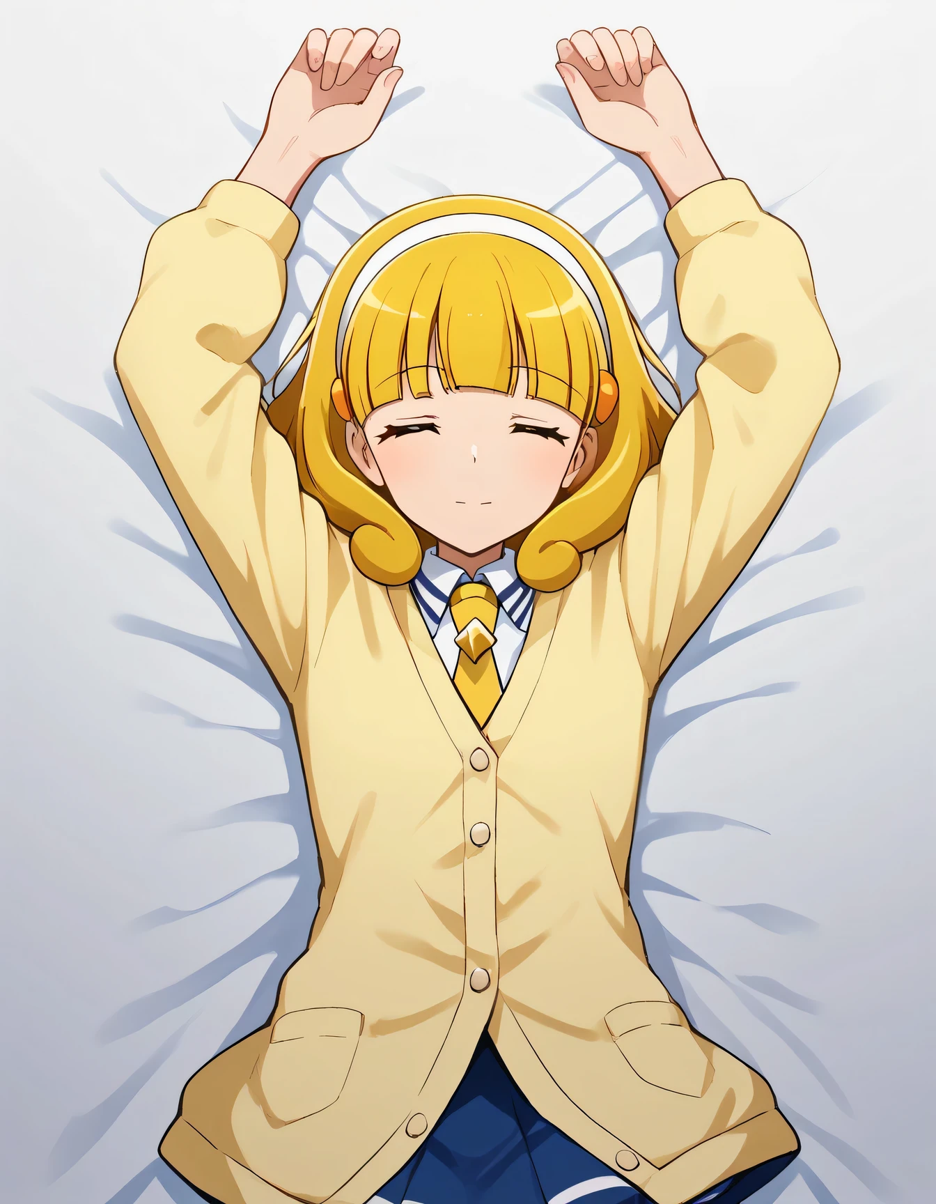 score_9, source_anime, rating_safe BREAK 1girl, solo
kise yayoi, yellow hair, yellow eyes, white hairband, hair ornament, medium hair, nanairogaoka middle , yellow necktie, yellow cardigan, (cowboy shot:1.5), solo, lying, on back, arms up, spread arms, closed eyes, best quality,