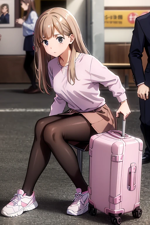 best quality,4k,8k,highres,masterpiece:1.2),
chocolate brown hair, lilac eyes, wears a white long-sleeved blouse, red skirt, tights, sneakers. She has a pink suitcase at the airport.