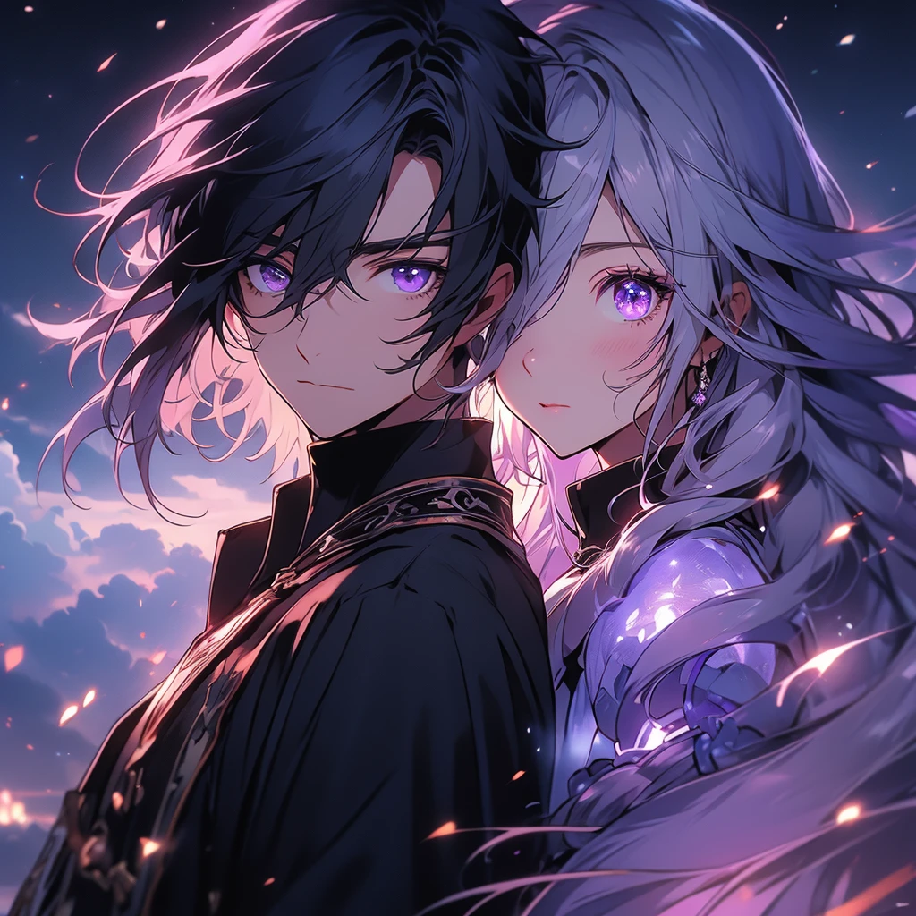 Poster、Man and woman couple、c0upl3、The best composition、highest quality、Masterpiece、Official Art、Award-winning works、Best illustrationan and woman couple、nature、null、cloud、null中に舞う繊細な花びら、Long purple hair with a milky white top and purple gradation as it goes down、Detailed eyes、Twin tail braidaleは乳白色に紫色のハイライトカラー短髪ヘア、(High definition CG Unity 8k wallpaper) 、Left of center of screen：male　right：woman　Half a face
