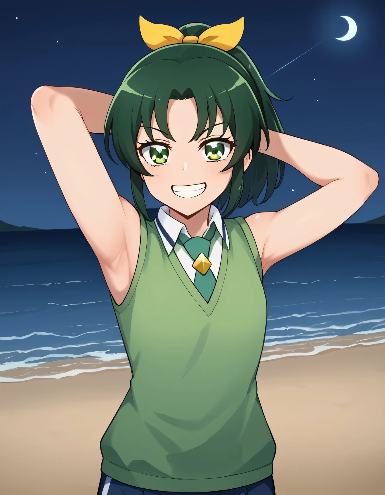 score_9, source_anime, rating_safe BREAK 1girl, solo
midorikawa nao, green hair, green eyes, ponytail, hair ribbon, nanairogaoka middle , green necktie, green sweater vest, (cowboy shot:1.5), solo, night sky, beach, arm behind head, hand on hip, contrapposto, spread armpits, looking at viewer, best quality, grin, sexy pose,