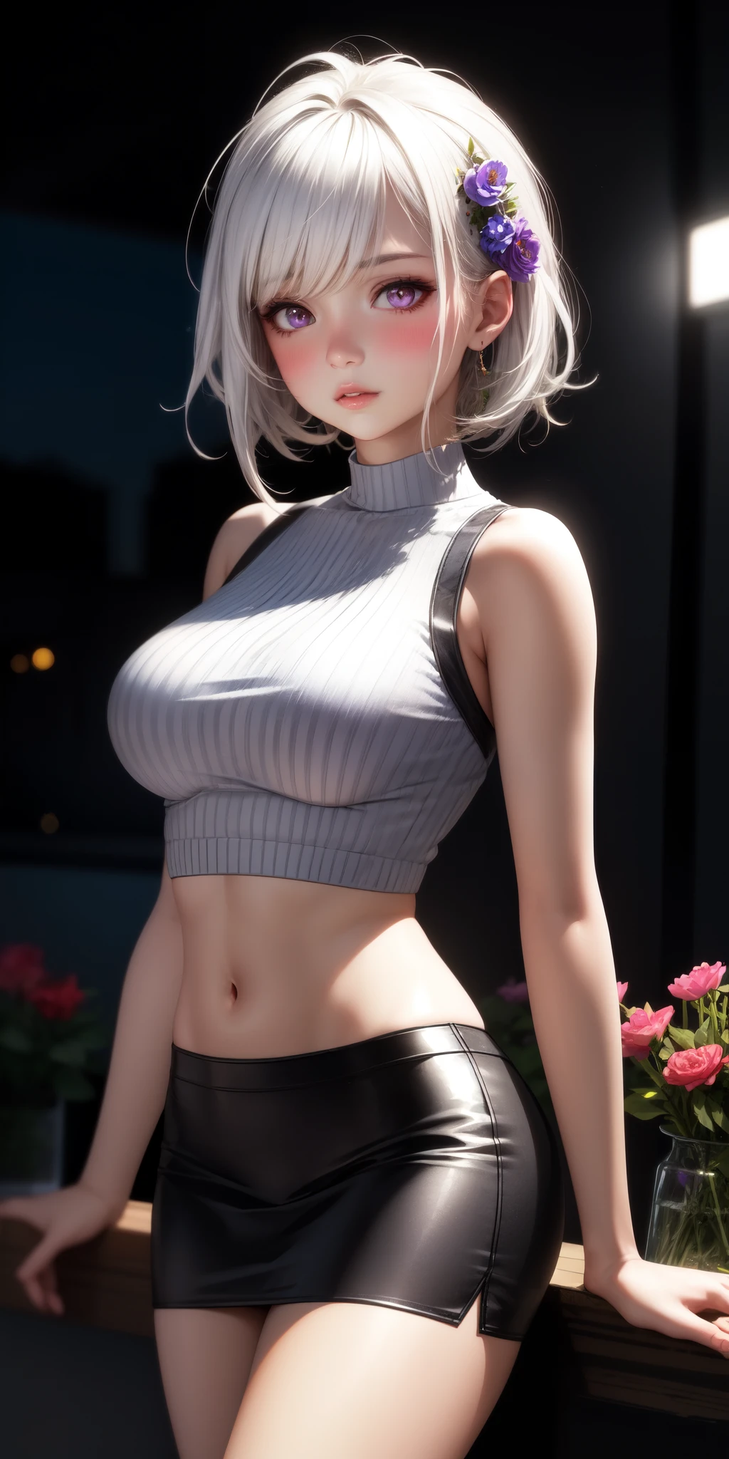 realistic, 1 girl, white hair, purple eyes, glowing eyes, crop top, skirt, parted lips, blush, night, flowers, sun, sunlight.