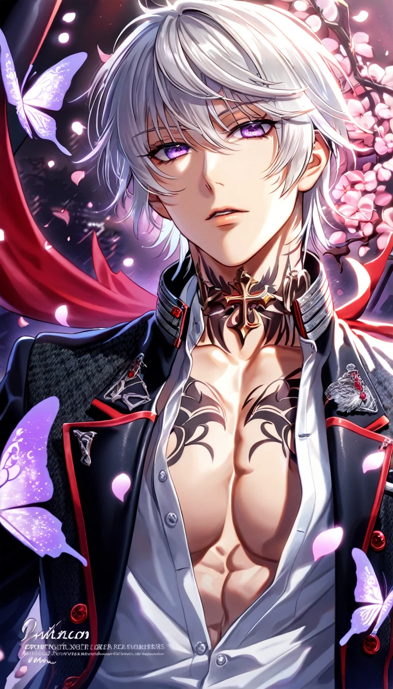 absurdres, highres, ultra detailed, HDR, master piece, best quality, Zero Kiryuu, white hair, short hair, expressive purple eyes, Vampire Knight, tatto on the neck, solo, sexy man, handsome, toned chest, black jacket, white shirt, vampire knight uniform, cross, purple butterflies, petals, magical