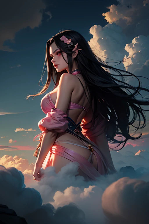 Masterpiece, Detailed, Best Quality, 8K Wallpaper, HDR, Octane Rendering. A Goddess, Nezuko, (Long black hair, shiny hair: 1.4), (Beautiful and detailed pink eyes: 1.2), demon hunter, horror beauty, (Beautiful and detailed face with perfect symmetry), (perched on a cloud), (fantasy lighting: 1.3), enchanting look, captivating pose, delicate scars, otherworldly charm, mystical sky, moonlit night, big full moon, soft colors, (detailed cloud landscape: 1.3), beautiful detailed scenery.