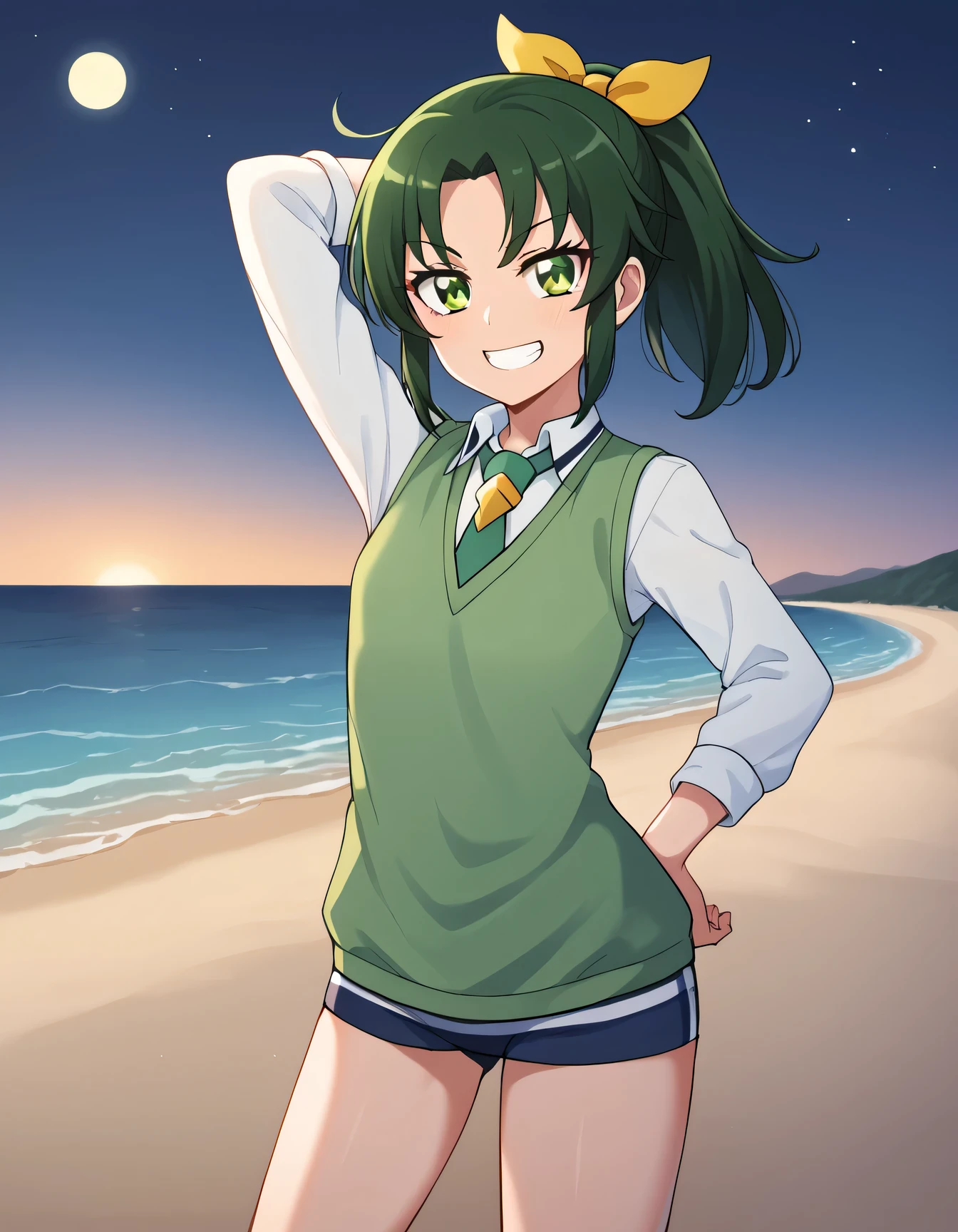 score_9, source_anime, rating_safe BREAK 1girl, solo
midorikawa nao, green hair, green eyes, ponytail, hair ribbon, nanairogaoka middle , green necktie, green sweater vest, (cowboy shot:1.5), solo, night sky, beach, arm behind head, hand on hip, contrapposto, spread armpits, looking at viewer, best quality, grin, sexy pose,