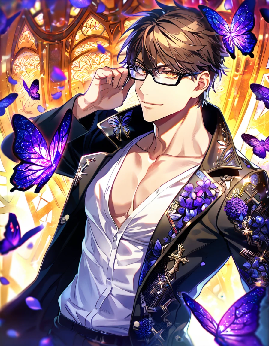 Ultra detailed, Highres, absurdres, HDR, Miyuki Kazuya, brown hair, expressive amber eyes, black coat with patterns, black glasses, Diamond No Ace, white shirt, cross, glittering purple butterflies, petals, handsome, sexy man, solo, very detailed eyes and face, master piece, toned chest, glittering, purple flowers,