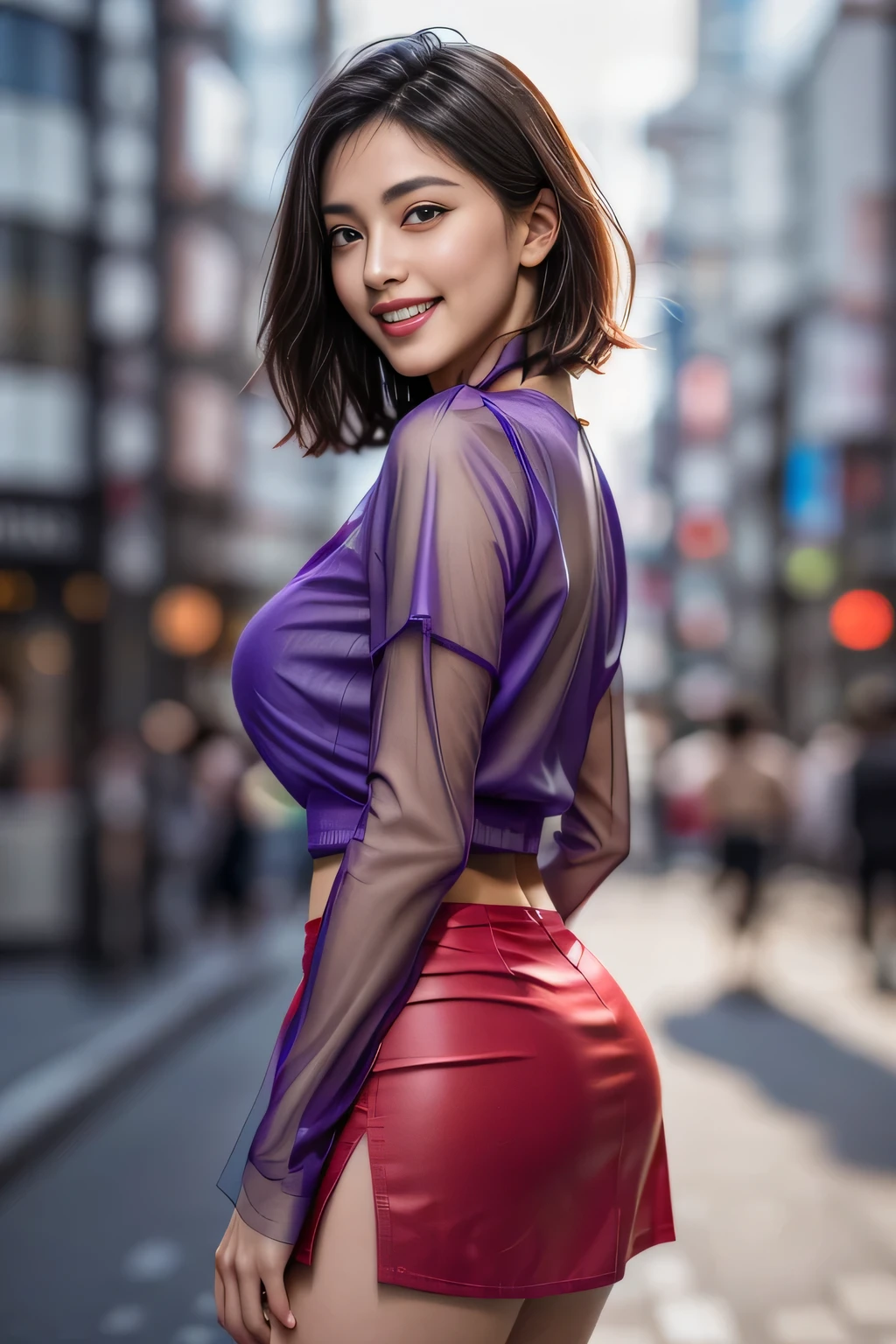 (Realism: 1.4), (Very Detailed), (Highest Quality), (Best Shadow), (Masterpiece), Ultra High Resolution, 1 Ultimate Beautiful MILF, Highly Detailed Face, (Perfect Teeth), Beautiful Eyes, double eyelids, eyelashes, lip detail, short black hair, (see-through light purple blouse: 1.2), (red tight miniskirt: 1.3), light pink pants, (big breasts), smile, thighs, boundary depth writing, perfect lighting, yes Background: (Tokyo Ginza Street), (soft light), (ambient lighting), random pose, change pose, dynamic angle,