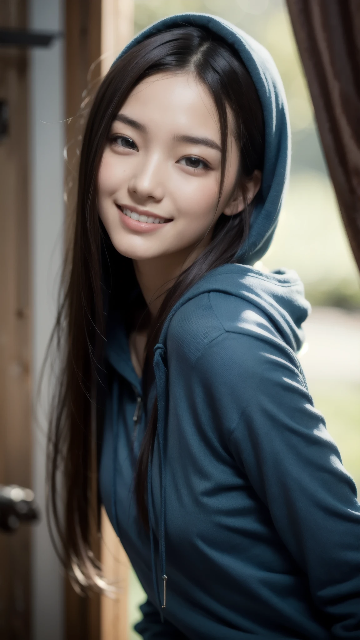 8k, best quality, masterpiece, realistic, ultra detail, photo realistic, hyper realistic, smoother lighting, increase cinematic lighting quality, realistic lighting, backlighting, brightening light, Increase quality, best quality real texture skin,
close-up, slender, cute face, smile, beautiful details eyes, 19years old korean, pretty, Drill hair with electric blue color, hood,