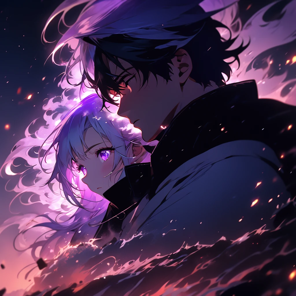 Poster、Man and woman couple、c0upl3、The best composition、highest quality、Masterpiece、Official Art、Award-winning works、Best illustrationan and woman couple、nature、null、cloud、null中に舞う繊細な花びら、Long purple hair with a milky white top and purple gradation as it goes down、Detailed eyes、Twin tail braidaleは乳白色に紫色のハイライトカラー短髪ヘア、(High definition CG Unity 8k wallpaper) 、Left of center of screen：male　right：woman　Half a face
