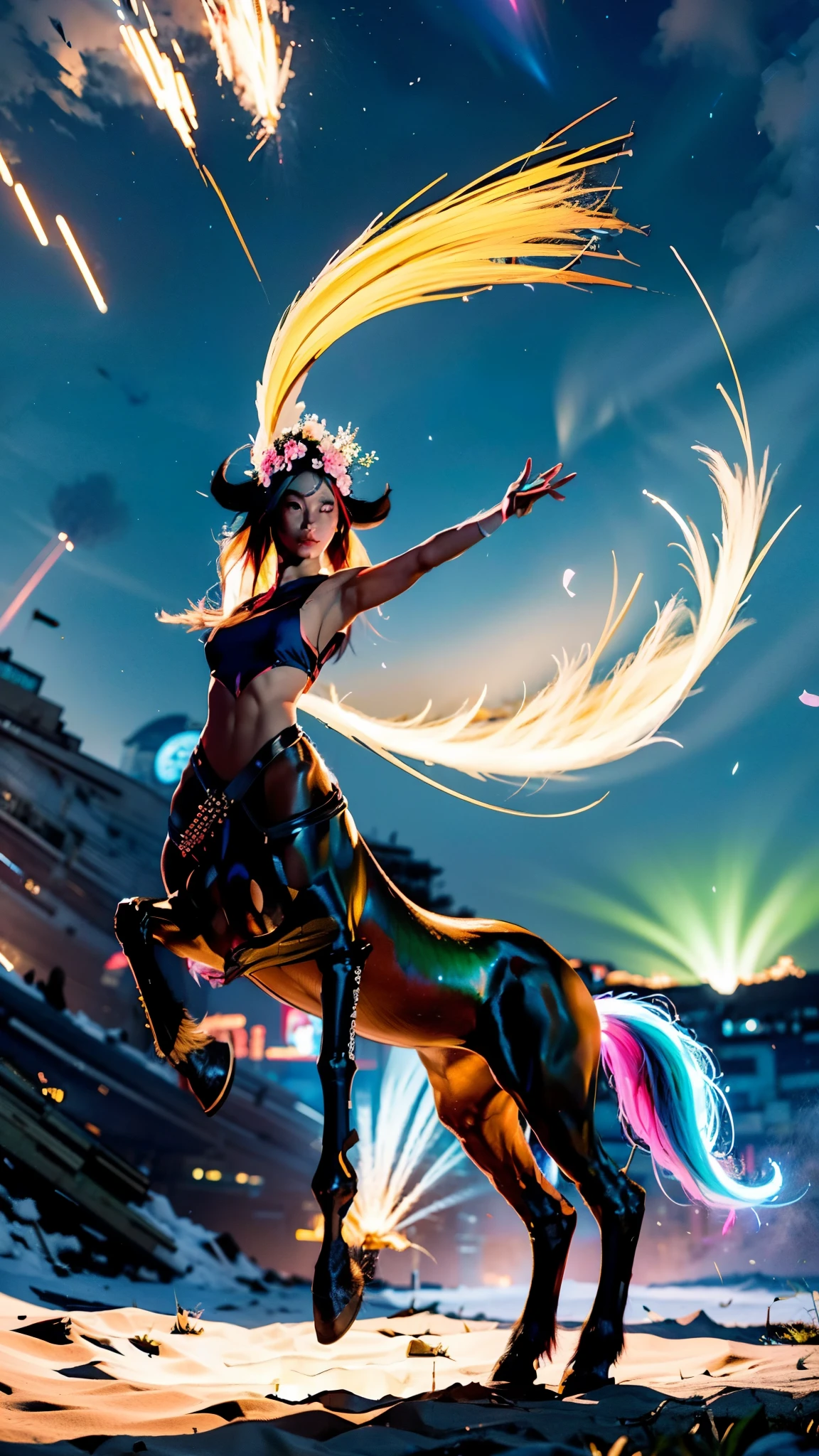 In the beautiful illustration of this super-grand scene,The ultra-distant lens shows us(More than eight distinctive and beautiful Centaur characters:2.7),Their personality、Distinctive and vivid features。from(A radiant, angelic, snow-white centaur from heaven:1.1),arrive(Nightmare-like fiery red centaur surrounded by flames:1.1)、再arrive(Green Centaur, the wind fairy dancing in the air:1.1)、再arrive有(One-horned blue centaur surrounded by lightning:1.1),arrive(A mechanical-style mecha Centaur shining with metallic light:1.1)、再arrive(A powerful dragon-shaped centaur wearing colorful dragon scale leather:1.1)、再arrive(A slender elven centaur that is graceful and agile:1.1)Gracefully wears a flower crown、arrive(Enchanting and charming Tiflin centaurs:1.1)、再arrive(A succubus centaur with an indescribably sexy feeling:1.1)。Each Centaur character fully demonstrates his unique style。The illustration uses advanced artistic techniques and tools,Use nesting、Weaving、Splicing、perspective、interlude、Montage and other artistic techniques,Divide the scene into sections by geometric arrangement,Each part corresponds to a role,from而更有效地利用了空间,Make eight centaurs exist in one picture at the same time,(The style tends to be grotesque、Hayao Miyazaki、Aesthetic、indescribable:3.3)。Through Midjourney's advanced brush tools、Color palette、Material packs和模型包、Texture tools,For each centaur, beautiful props are designed to increase racial characteristics、Clothing and physical features,Enhances the character's personality and visual appeal,(Stunning landscapes in illustrations,There are changing skies、rainbow、aurora、Stars and Moon,Incorporating iconic landmarks such as Mount Everest,and fireworks、Tranquil Lake、Natural and urban elements of waves and neon lights,Creates a magical atmosphere:1.5),Centaurs demonstrate their unique abilities and equipment in a variety of environments,This is true even in extreme alien landscapes。Use Midjourney's tools、Material packs、Texture tools、The color palette makes depicting details vivid and realistic,from复杂的发型和以及不同的种族特质、Body、Appearance features、服装arrive真实的纹理,Greatly improved the realism of the Centaurs and their surroundings,The fusion of multiple art styles adds dynamism to the character's movement at all angles,The overall visual experience is further enriched。The final illustration was described as a "masterpiece",It has the characteristics of "best quality" and "realistic",The details put into the creative process are shown、Level of creativity and craftsmanship。 hdr,(Reality,Masterpiece quality,Best quality)