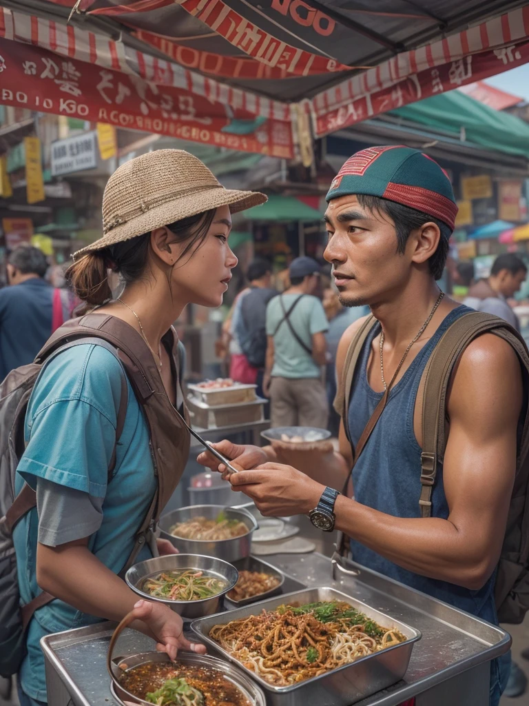 A street photography picture of Peter Parker the wandering backpacker Traveller, with mirrorless camera hanging on his neck, talking with a beautiful Mie Goreng seller woman at her exotic food stall, with an intricate detail of bustling street food market background, professional photorealistic color pencil illustration, highly influenced with Don Lawrence style, octane render, sharp and crisp picture, masterpiece