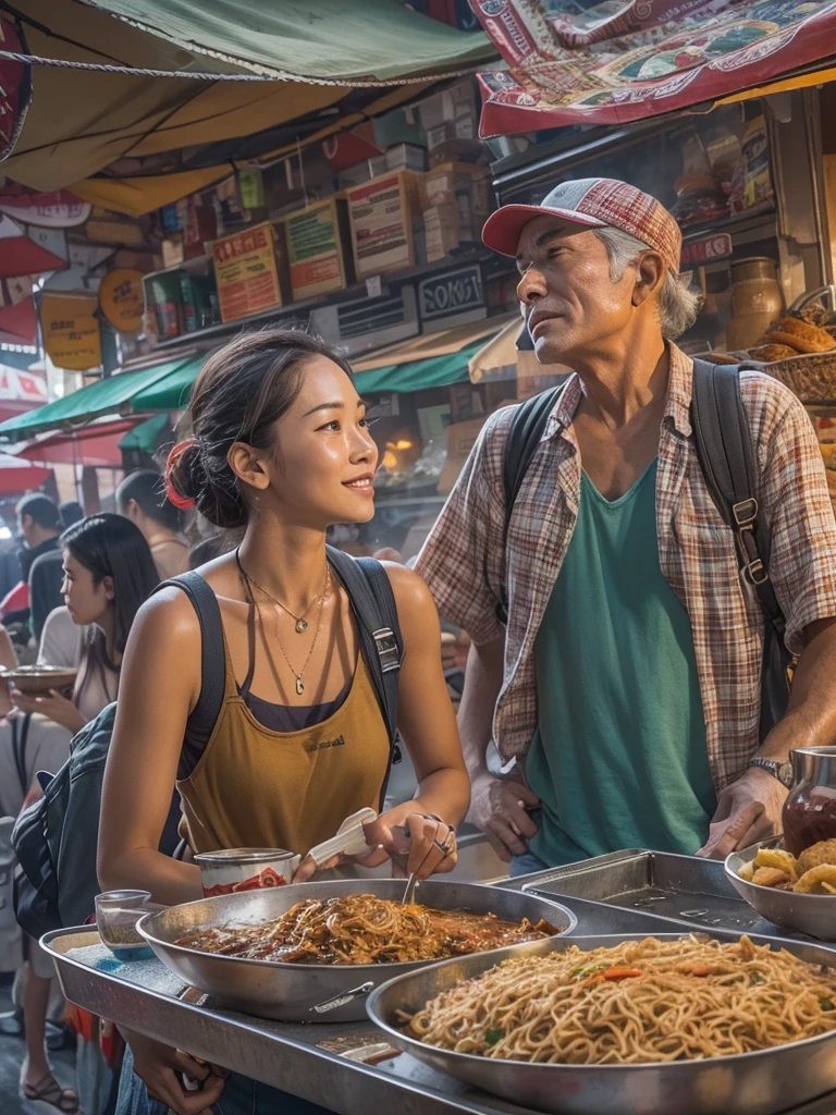 A street photography picture of Peter Parker the wandering backpacker Traveller, with mirrorless camera hanging on his neck, talking with a beautiful Mie Goreng seller woman at her exotic food stall, with an intricate detail of bustling street food market background, professional photorealistic color pencil illustration, highly influenced with Don Lawrence style, octane render, sharp and crisp picture, masterpiece