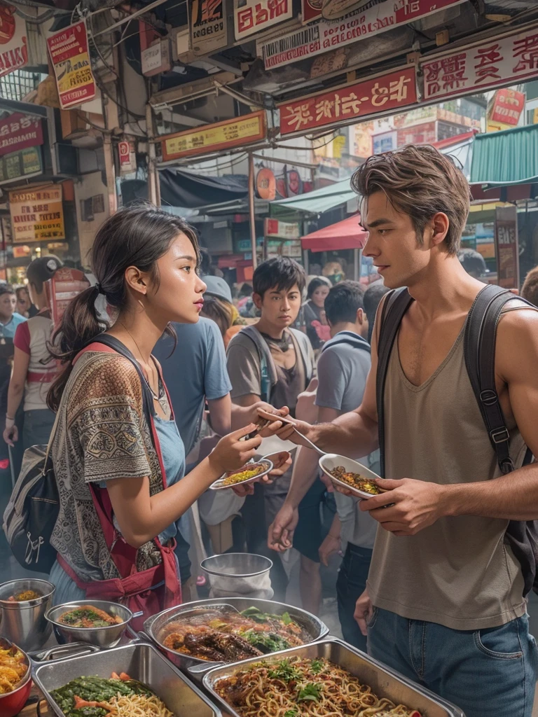 A street photography picture of Peter Parker the wandering backpacker Traveller, with mirrorless camera hanging on his neck, talking with a beautiful Mie Goreng seller woman at her exotic food stall, with an intricate detail of bustling street food market background, professional photorealistic color pencil illustration, highly influenced with Don Lawrence style, octane render, sharp and crisp picture, masterpiece