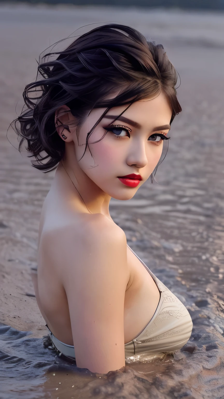beautiful girl, brown eyes, beautiful 18 year old girl, hair color [Brown highlights hair], [undercut pixie] hair, short hair, lips, realistic, narrow waist,, pink lipstick, colorful makeup, long eyelashes, fair skin, (detailed face), detailed eyes, detailed iris, (large breasts:1.2), (annoyed), (quicksand:1.3), (swimsuit)