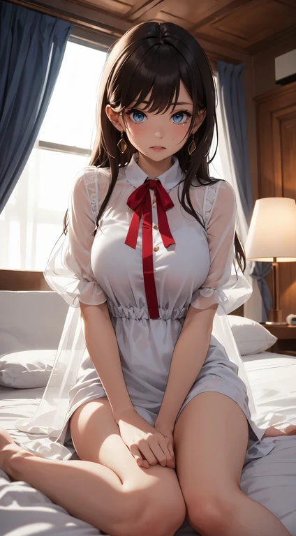 masterpiece,8k,high quality,full body:1.7,clean blue eyes,open red mouth,red tiek,crying cuty face,biggest large brest,tight west,very sparking See-through clothes,biggest large brest,close up of a woman sitting on a bed,wearing a see-through white short mini dress,soft silk mini dress, puff sleeves, wearing a blouse, transparent silky short mini dress, white silky outfit,cream colored blouse, sheer, white trendy clothes, high quality material bssrdf,silky garment, white blouse, dress in voile,wearing long red ribbon tie,
