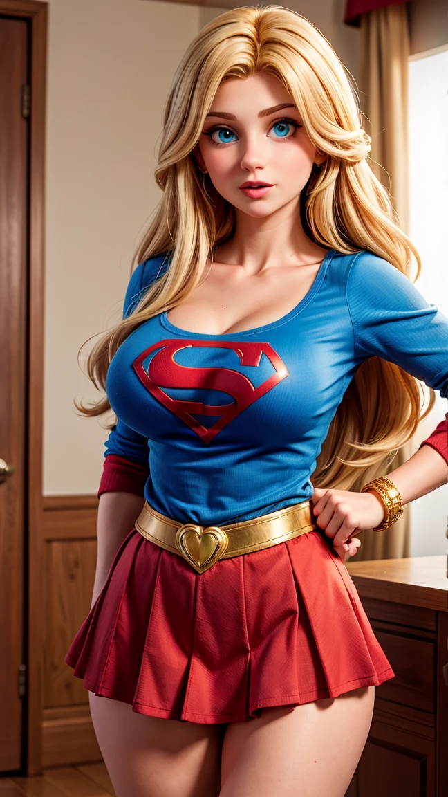 UHD, masterpiece, accurate, anatomically correct, super details, high details, high quality, best quality, 8k, high resolution. The heroine, Super Girl, looks beautiful in a full-length photo. Blue eyes and long blonde hair transform her into a goddess of beauty. Super Girl's costume consists of a blue top or blouse, red skirt, red boots, gold bracelets, and a big red S on her chest. She looks very sexy, drawing attention to her big breasts and muscular body.
