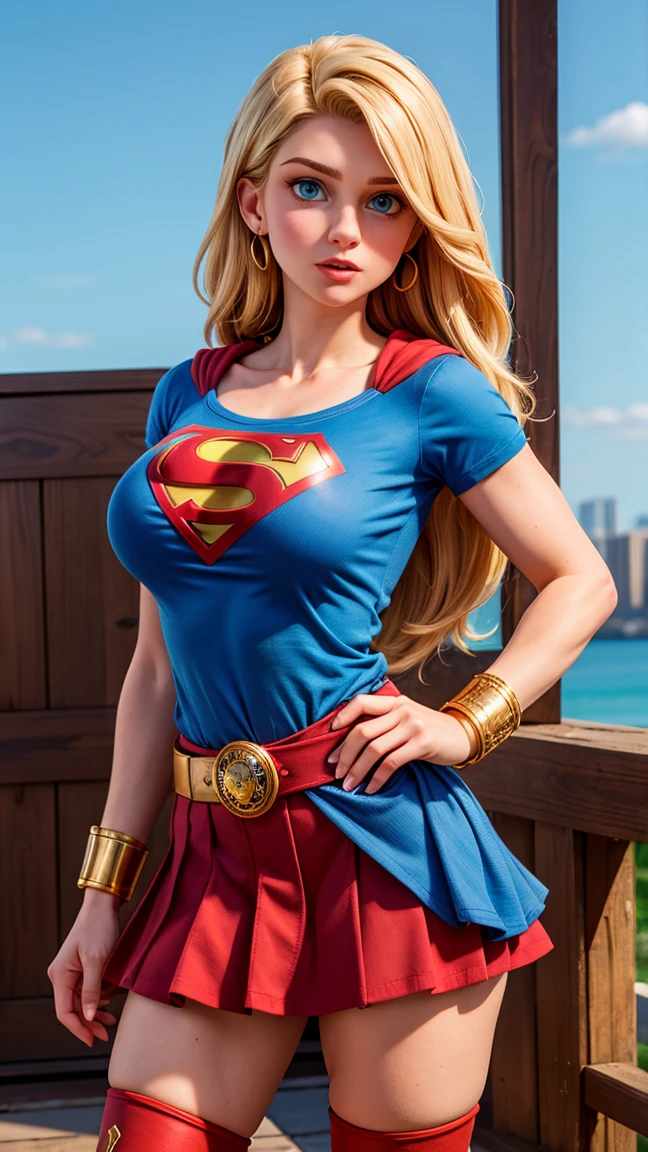 UHD, masterpiece, accurate, anatomically correct, super details, high details, high quality, best quality, 8k, high resolution. The heroine, Super Girl, looks beautiful in a full-length photo. Blue eyes and long blonde hair transform her into a goddess of beauty. Super Girl's costume consists of a blue top or blouse, red skirt, red boots, gold bracelets, and a big red S on her chest. She looks very sexy, drawing attention to her big breasts and muscular body.