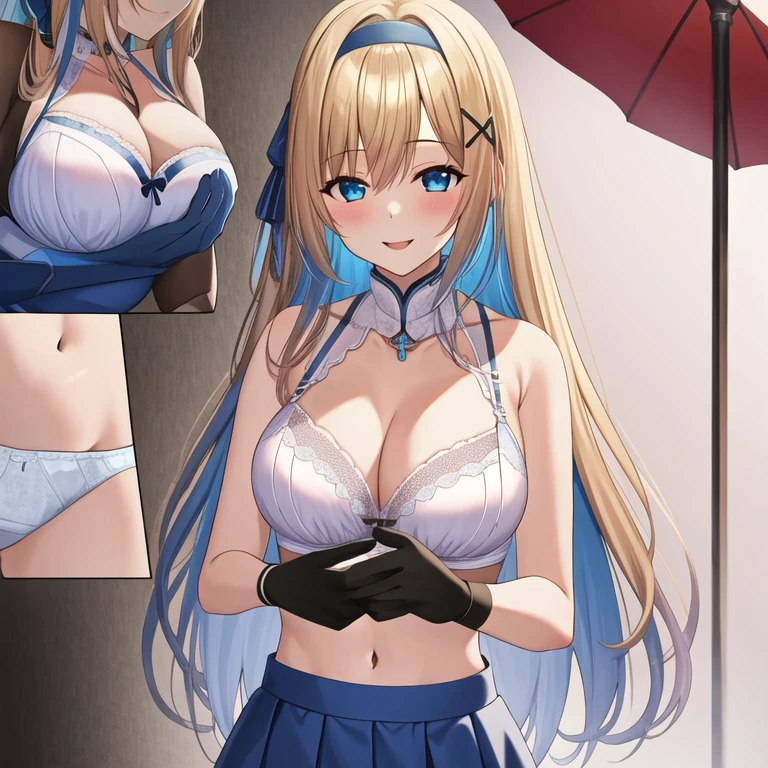 (masterpiece, best quality:1.2), 1 Girl, Solitary, blond, Blue hair band, 左边是Blue hair band, White bra, Black gloves, knight skirt, Smile, Solid color background