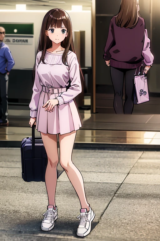 best quality,4k,8k,highres,masterpiece:1.2),
chocolate brown hair, lilac eyes, wears a white long-sleeved blouse, red skirt, tights, sneakers. She has a pink suitcase at the airport.
