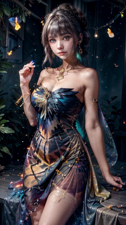 a girl in a tye dye dress, heels ,  a night party, necklace, messy bun hair, earrings, detailed detail, real skin texture, sorrounded by glowing butterflies and fireflies,