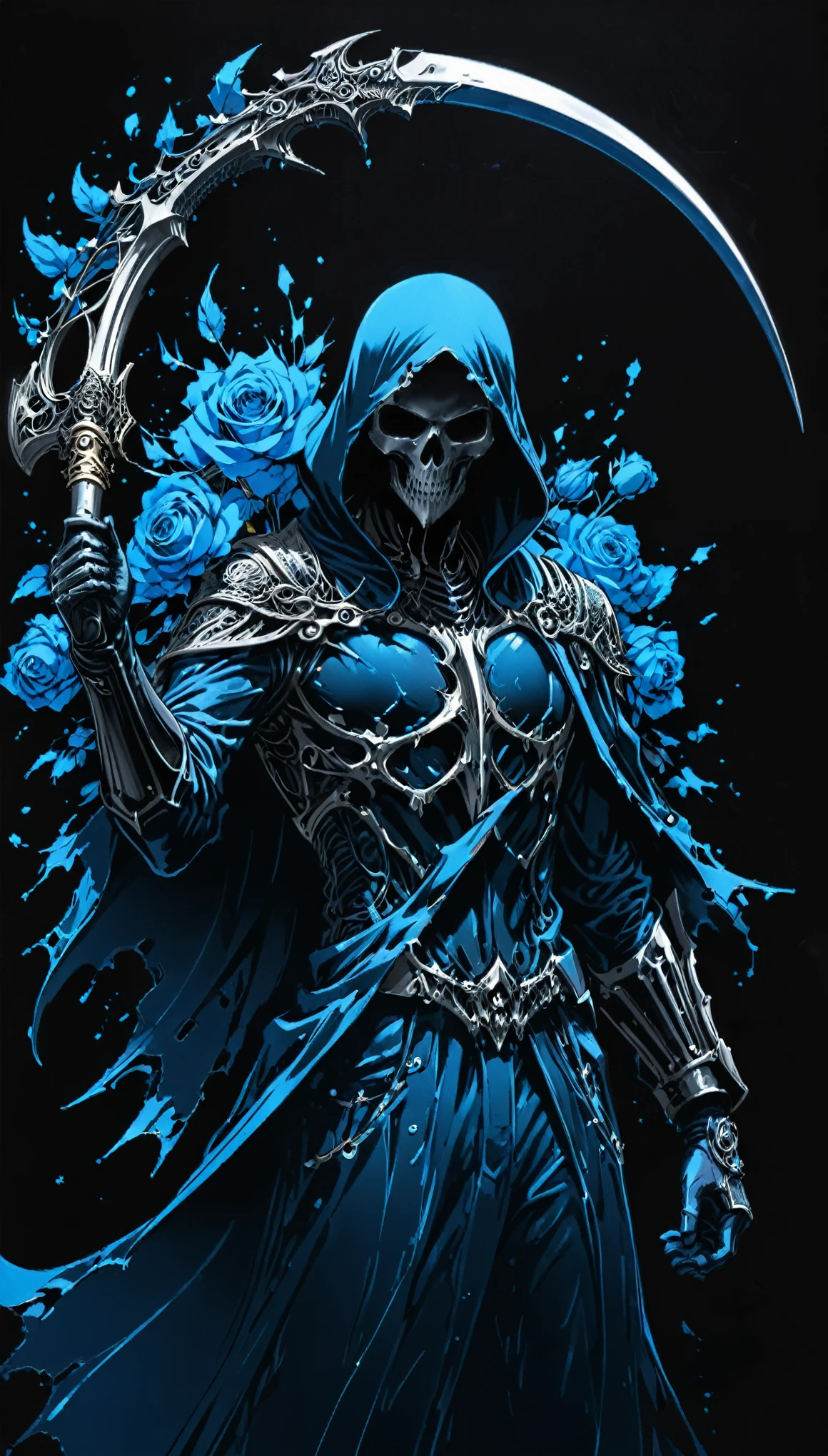 (Anime line drawing:1.5),(Black and dodgerblue:1.45),Minimalism,(Line Art:1.6),sketch,charcoal drawing,in style of Nick Veasey,by Hirohiko Araki, BREAK Black Reaper,(broken torn cape:1.4),the lines of movement of the wind,holding Scythe of Death,(intricate details:1.7),the fine texture of the sickle,(gorgeous and heavy scythe:1.2),epitaxial alienation of the sickle, BREAK (bloom:1.3),(full bloom:1.3),dodgerblue Rose,Ominous Red,the energy atmosphere of the grim reaper, BREAK (Blood splatter:1.3),(paint splatter:1.2),(dripping paint:1.2),