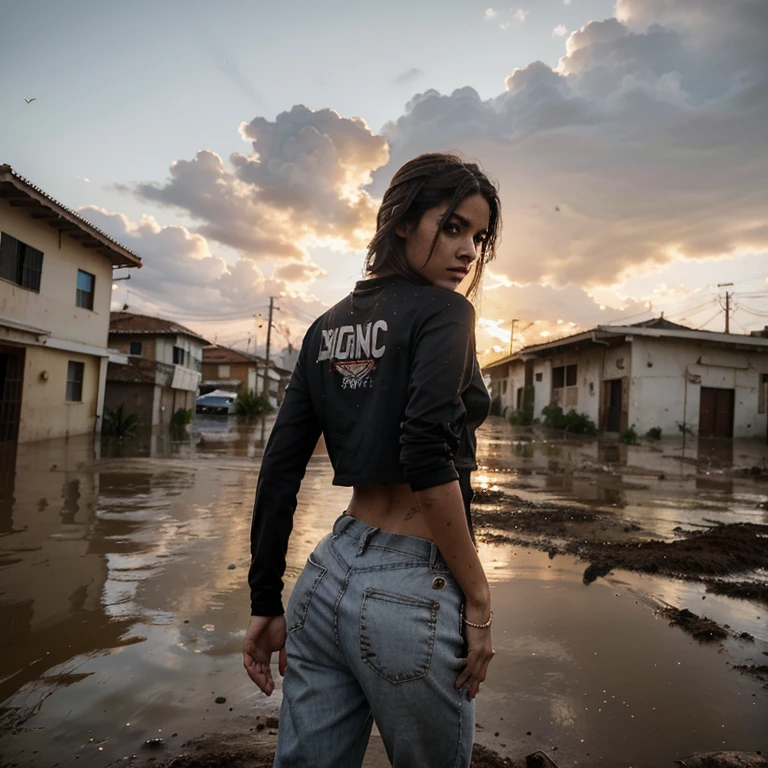 Young 19 year old woman with her back to the reddish sunset, com roupa suja, todas as roupas um pouco rasgadas, with pants, com blusa, in the apocalyptic flood that devastates and punishes the city. A enchente varrendo tudo o que encontra, a lama, o barro. Everything around in the city is dirty with mud. A cidade, as casas, the cars were swept by the mud, the water is in the houses and in the young man. Dirt and destruction plague the place. A magnificent sky. The divine tattoo is on the young man&#39;s back. The young woman is injured. An angel of God in heaven.