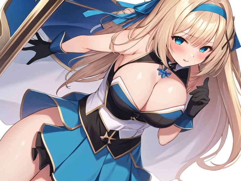 (masterpiece, best quality:1.2), 1girl, solo, blond hair, blue hairband, blue hair ribbon on the left, white-blue breast, black gloves, knight skirt, Solid color background