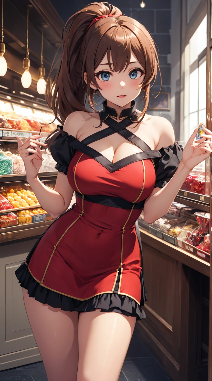 Cute fair-skinned woman, 19 years old, ponytail tied with a red ribbon, sweet shop clerk, bright off-the-shoulder satin costume with big breasts, tight high-waisted miniskirt, big breasts, big blue eyes, seductive expression, slightly red cheeks, slightly open red lips, fashion model pose, highest quality portrait, The Idolm @STER: izumi mei,