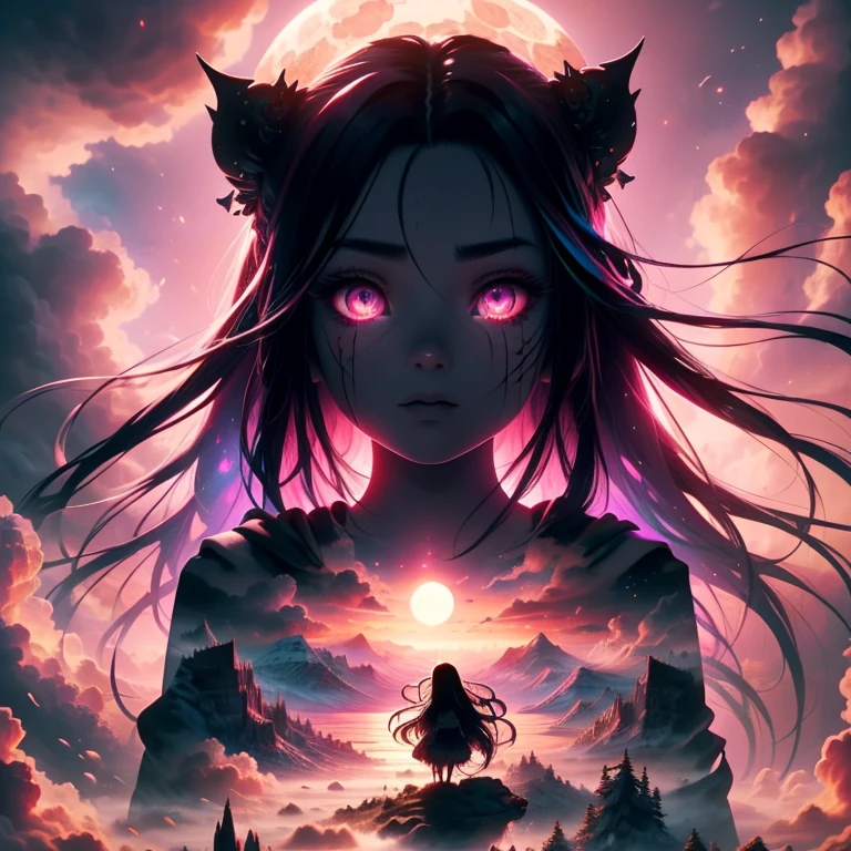 Masterpiece, Detailed, Best Quality, 8K Wallpaper, HDR, Octane Rendering. Nezuko kamado, (Long black hair, shiny hair: 1.4), (Beautiful and detailed pink eyes: 1.2), demon hunter, horror beauty, (Beautiful and detailed face with perfect symmetry), perched on a cloud, (fantasy lighting: 1.3), enchanting look, captivating pose, delicate scars, otherworldly charm, mystical sky, moonlit night, big full moon, soft colors, (detailed cloud landscape: 1.3), beautiful detailed scenery