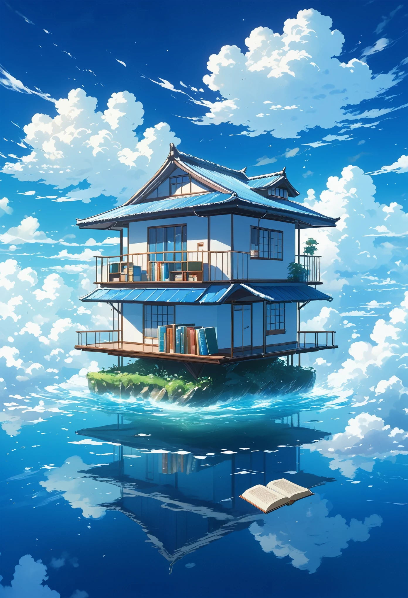 A small cozy house floating in the sky among clouds, in an anime style, with a white and blue color theme, with books on shelves inside, in the style of Makoto Shinkai, and in the style of Studio GSENSOR.
