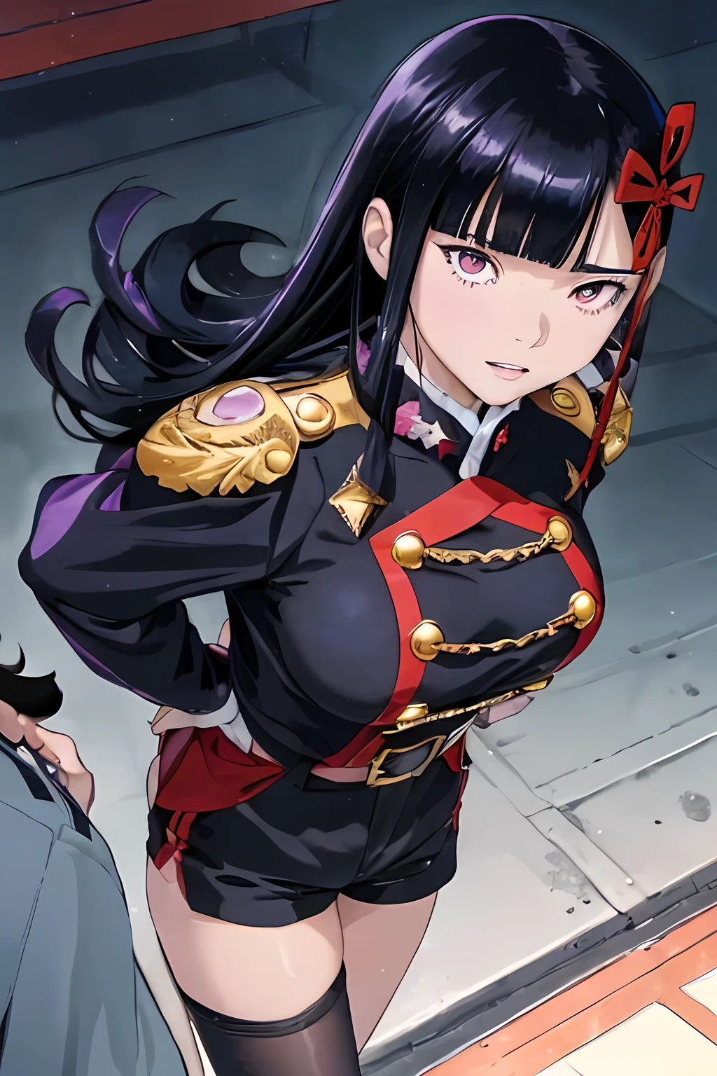 ((best quality)), ((masterpiece)), (detailed), (high resolution), perfect face, one Women, (violet slit eyes:1.3), (long black hair), Straight across bangs, (grown-up face:1.4), parted lips, a little big breasts, (wet skin), bikini, lower body, (orgasm:1.2), (sigh:1.3), (leaning forward:1.3), Stimulating, (Embarrassed), (anime coloring:1.1), (low angle:1.1), (two old men:1.5), Stimulating, (They're touching her buttocks:1.4), (Yamashiro Ren), Mato Seihei no Slave, motion lines, motion blur, bouncing breasts , blunt bangs, hair ornament, add more details, military uniform, epaulettes, leashed pov , white gloves, looking at viewer, red cape, black pantyhose, long hair hair over one eye, masterpiece, hair ribbon, soles, (black short pants:1.2), Kyouka Uzen, YamashiroRen, tenka izumo, tenka, add more details, Azuma Fubuki, hair ribbon, 2d, illustration