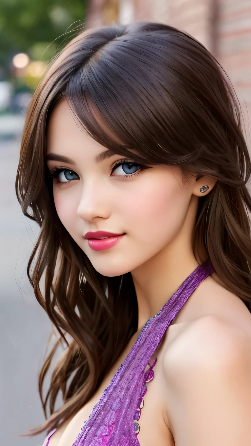 beautiful girl, brown eyes, beautiful 18 year old girl, hair color [Brown highlights hair], [undercut pixie] hair, short hair, lips, realistic, narrow waist, charming, pink lipstick, colorful makeup, long eyelashes, fair skin, (cute), (detailed face), detailed eyes, detailed iris, (large breasts:1.2), smirk, (cowboy shot), (halter top)