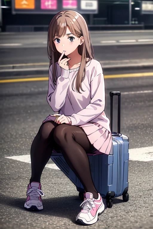 best quality,4k,8k,highres,masterpiece:1.2),
chocolate brown hair, lilac eyes, wears a white long-sleeved blouse, red skirt, tights, sneakers. She has a pink suitcase at the airport.