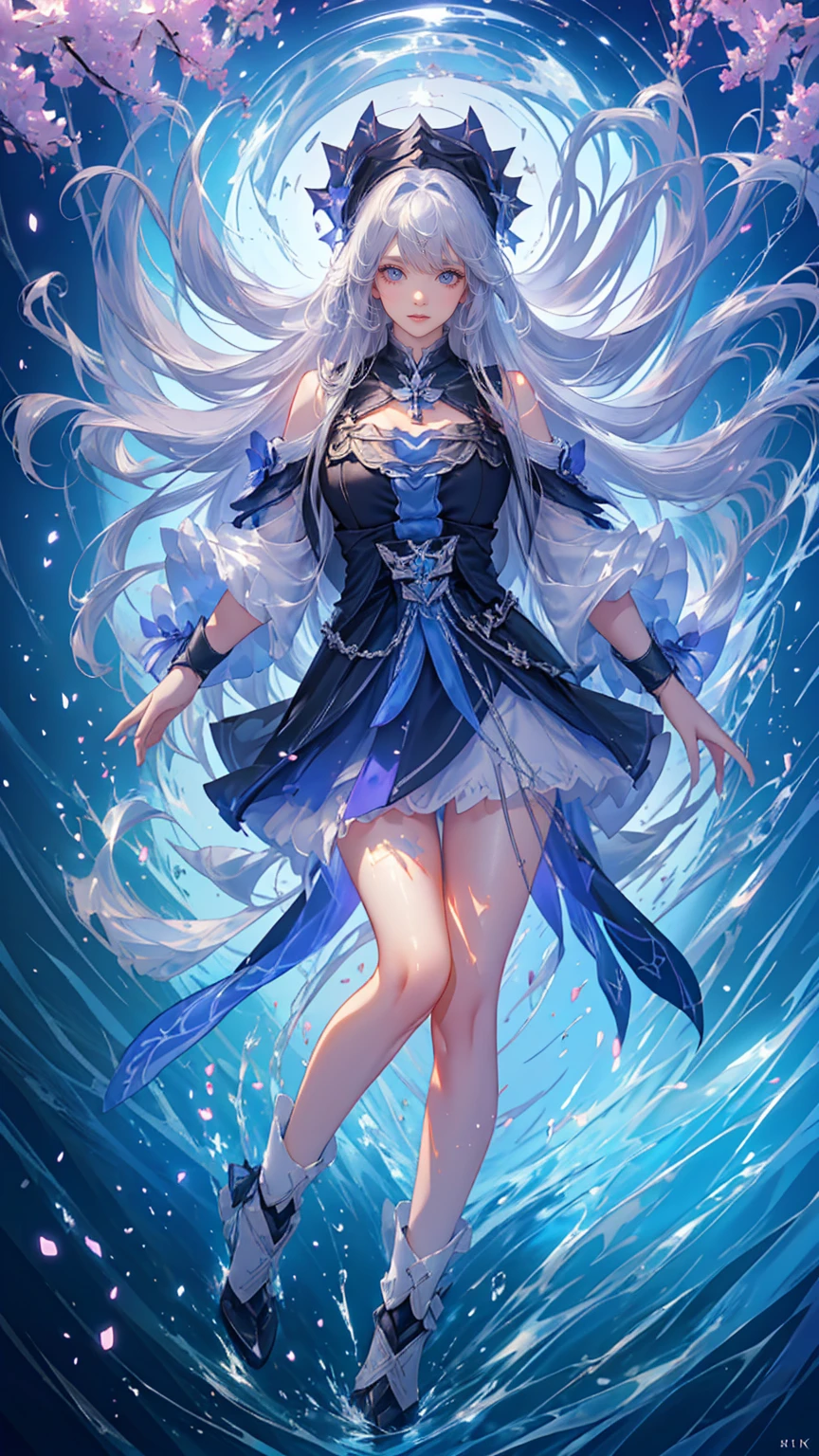 ((FULL BODY POSE)) ((SHOW PANTIES)) (((BIG GIANT BOOBS))) ((ANATOMY CORRECTED)) ((BLUE COLOR THEME DESIGN)) (| A WOMEN WEAR SHORT SKIRTS ((SEXY OUTFIT)) FLOATING IN THE GREEN WATER JASMINE FLOWER TREE PETALS FAILING BACKGROUND IS A BLUE SKY HORIZON WITH STARS | big eyes, ((big boobs)) sexy pose, big thigh, full body, large breasts, open legs, show panties, smile, portrait knights of zodiac, extremely detailed ((pixiv arts)), high detailed official artwork, [ tarot card ]!!!!!, detailed key anime art, knights of zodiac anime, beautiful celestial mage, firefly from honkai star rails, full body | (dynamic angle:1.1), outline, ((thick line art)), cover, stylish, official art, (details:1.2), (fantasy), garden, (bloom:1.1), glow:0.2, shadow, nature, flower, splash water, crystal, snowflakes, particles, bokeh, anamorphic light (depth of field), sharp focus, (volumetric lighting), (bokeh:0.6), film grain:0.4, (soft lighting:1.1) (VIGNETTE:1) | high-quality, ultra-detailed illustrations, ultra-high resolution, (high resolution, overwhelmingly pixel-perfect, luxurious illustration), (Ultra Quality, Masterpiece, Ethereal:1.4) photorealistic:.1.4, UHD (8k, RAW photo, best quality, masterpiece:1.2)