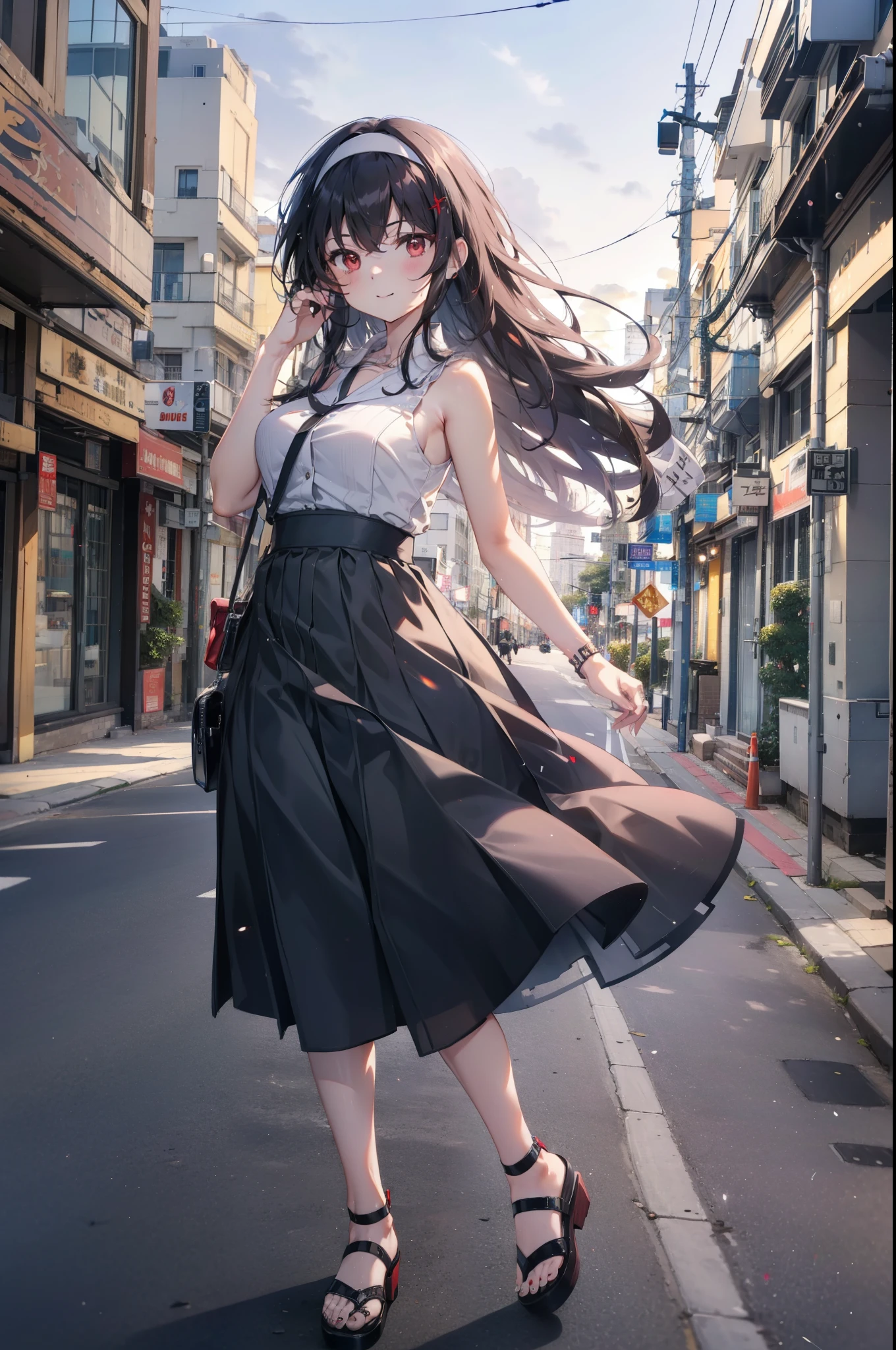 For profit, utaha kasumigaoka, Black Hair, hair band, Long Hair, (Red eyes:1.5),happy smile, smile, Open your mouth, Black sleeveless dress,Bare arms,Long skirt,Cute Sandals,whole bodyがイラストに入るように,Daytime,Clear skies,
break looking at viewer,whole body,
break outdoors, In town,Building district,Coastal Road,
break (masterpiece:1.2), highest quality, High resolution, unity 8k wallpaper, (figure:0.8), (Beautiful fine details:1.6), Highly detailed face, Perfect lighting, Highly detailed CG, (Perfect hands, Perfect Anatomy),