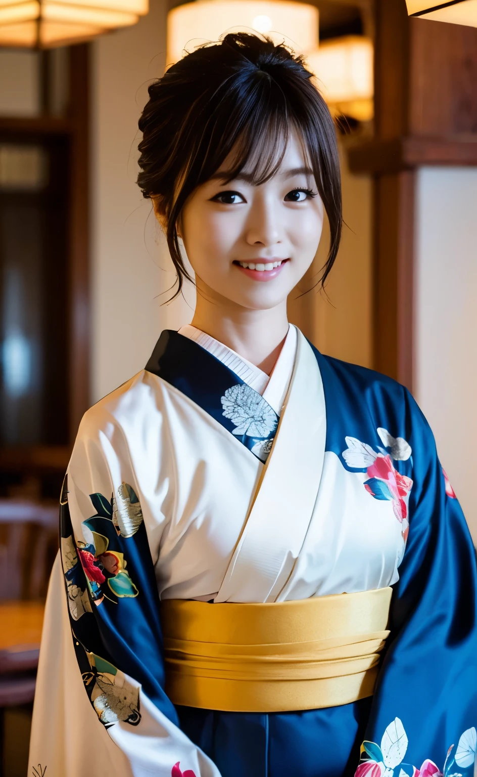 (((Carefully drawn with perfect anatomy))),Photoshoot in a traditional Japanese room at a long-established luxury inn,The collar of the kimono is pulled back, revealing the white nape of the neck.,A wide-angle lens is used to capture a hip-up shot of a woman standing with her head tilted from behind, smiling elegantly.,美しいBlack Hairを日本髪の伊達兵庫に整えて頭に差した沢山のかんざし:1.3,One girl,one personで,A dignified smile,Eyes that capture the light of the chestnut color,Black Hair,hair ornaments,An elegant posture with knees together,Furisode kimono,kimono,Red lips,compensate,Tassel,rope,eye shadow,紫色のkimono,Nishijin obi,Many bamboo hairpins,Masterpiece,Ulzan 6500,(Realisticなphoto),masterpiece,High resolution,Highlights the best light and shadow contrast,Main Character,Very high depth of field,soft delicate beautiful attractive 顔, Beautiful Edge Oiran_woman, a woman in a kimono posing for a picture,Perfect Edge Oiran_body,edge Oiran_Hairstyle,(Saiharu Body),(Tabletop,high quality,最high quality),(Delicate eyes and face),Ray Tracing,Highly detailed CG Unity 4k wallpaper,one person,Best image quality,Excellent detail,超A high resolution,Realistic:1.4),Attention to detail,Beauty condensed in 1girl,Beautiful brown hair,繊細でHigh noseを持つ美しい顔,Long limbs like a model,Tight waist,High nose,Clear chestnut eyes,Glossy lips, 