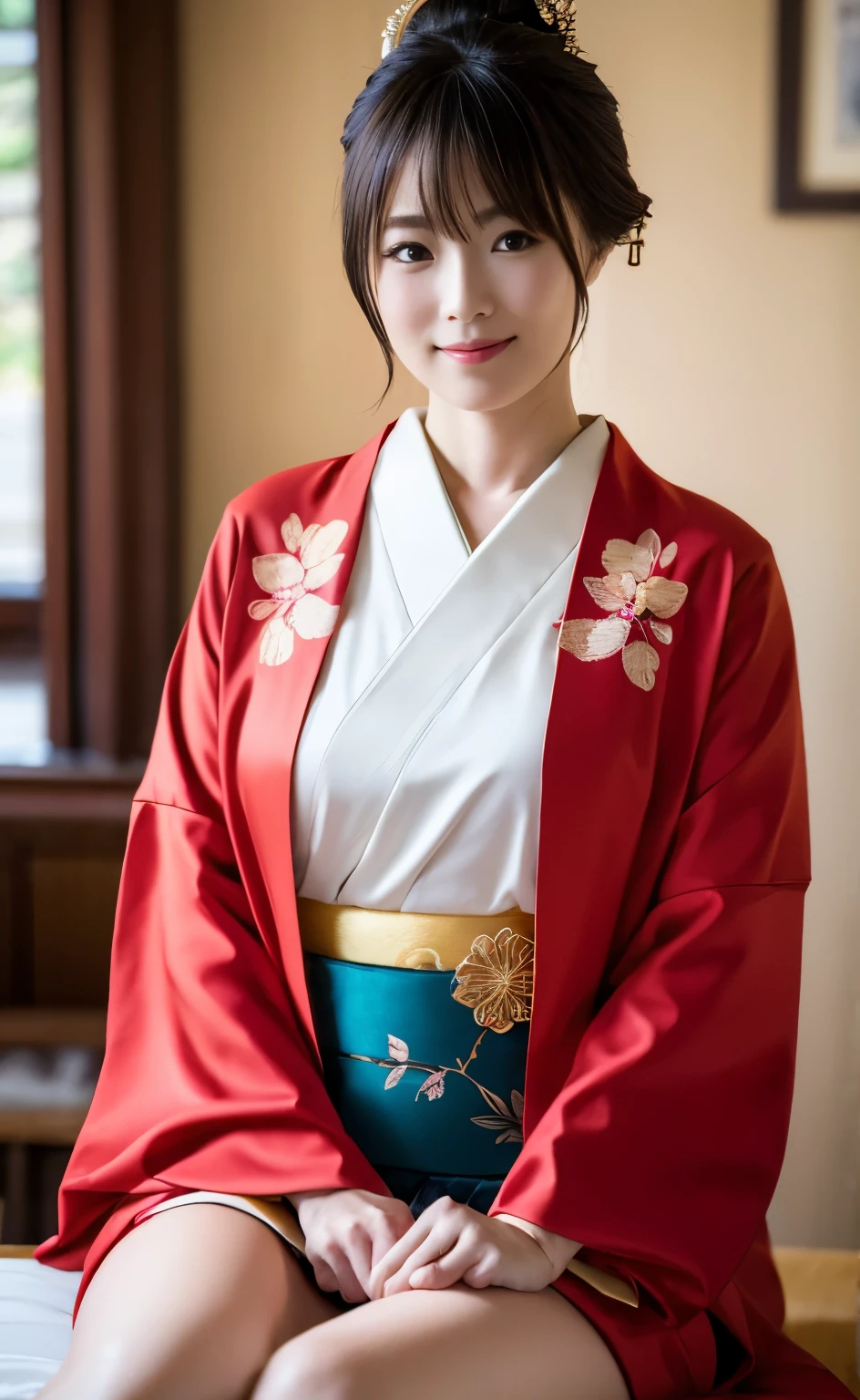 (((Carefully drawn with perfect anatomy))),Photoshoot in a traditional Japanese room at a long-established luxury inn,The collar of the kimono is pulled back, revealing the white nape of the neck.,A wide-angle lens is used to capture a hip-up shot of a woman standing with her head tilted from behind, smiling elegantly.,美しいBlack Hairを日本髪の伊達兵庫に整えて頭に差した沢山のかんざし:1.3,One girl,one personで,A dignified smile,Eyes that capture the light of the chestnut color,Black Hair,hair ornaments,An elegant posture with knees together,Furisode kimono,kimono,Red lips,compensate,Tassel,rope,eye shadow,red kimono,Nishijin obi,Many bamboo hairpins,Masterpiece,Ulzan 6500,(Realisticなphoto),masterpiece,High resolution,Highlights the best light and shadow contrast,Main Character,Very high depth of field,soft delicate beautiful attractive 顔, Beautiful Edge Oiran_woman, a woman in a kimono posing for a picture,Perfect Edge Oiran_body,edge Oiran_Hairstyle,(Saiharu Body),(Tabletop,high quality,最high quality),(Delicate eyes and face),Ray Tracing,Highly detailed CG Unity 4k wallpaper,one person,Best image quality,Excellent detail,超A high resolution,Realistic:1.4),Attention to detail,Beauty condensed in 1girl,Beautiful brown hair,繊細でHigh noseを持つ美しい顔,Long limbs like a model,Tight waist,High nose,Clear chestnut eyes,Glossy lips,