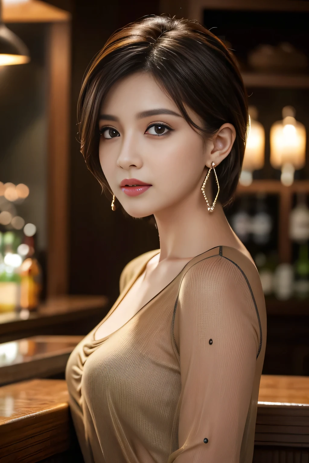 masterpiece, highest quality, Realistic, Very detailed, Finer details, High resolution, 8k wallpaper, One beautiful woman, Wear a black see-through shirt, A great bar counter, At night, Light brown unkempt short hair, Perfect dynamic composition, Beautiful and beautiful eyes、Big earrings、Bakshan