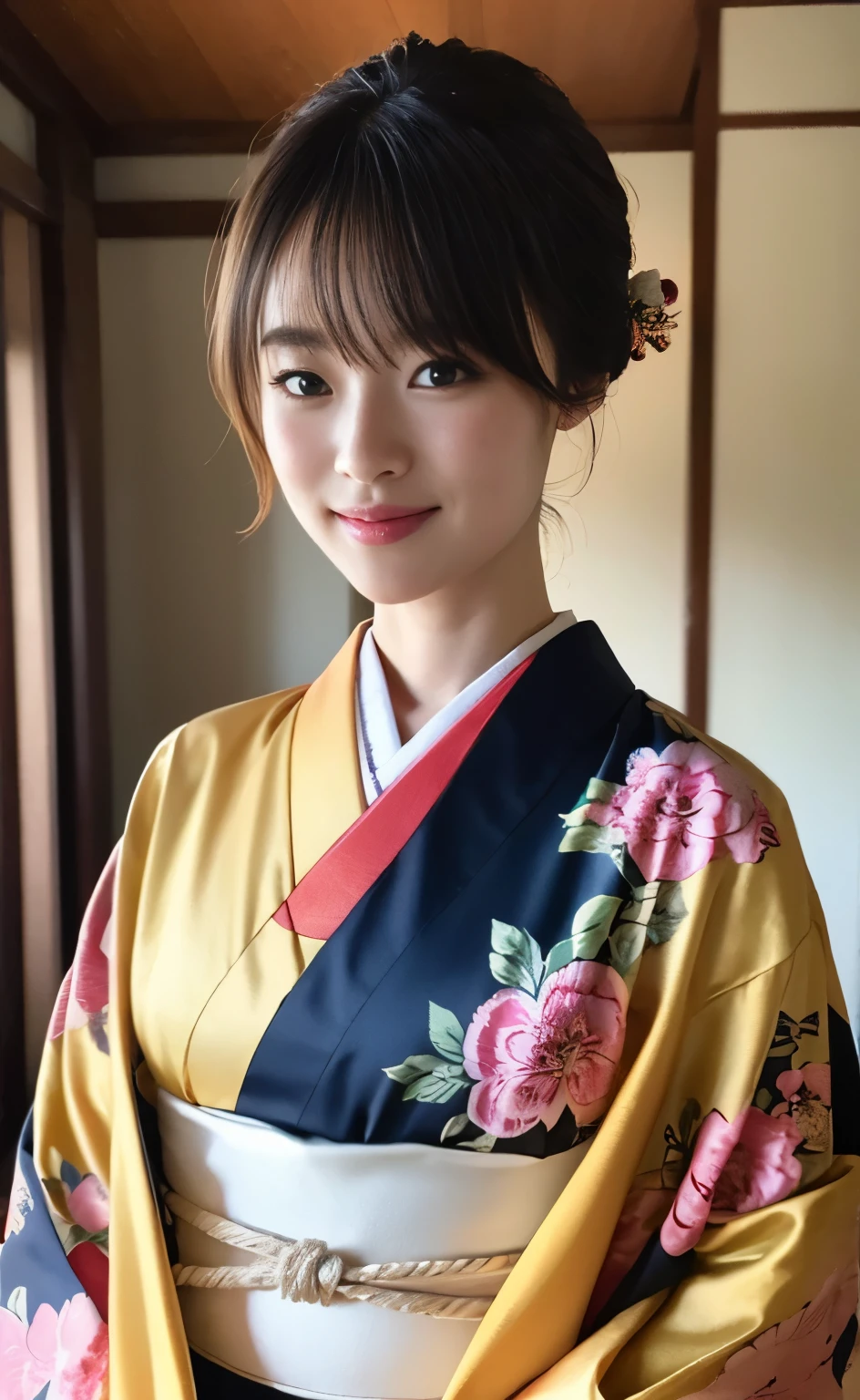 (((Carefully drawn with perfect anatomy))),Photoshoot in a traditional Japanese room at a long-established luxury inn,The collar of the kimono is pulled back, revealing the white nape of the neck.,A full-body shot of a woman standing with her head tilted from behind, smiling elegantly, with the background in the background, taken with a wide-angle lens,美しいBlack Hairを日本髪の伊達兵庫に整えて頭に差した沢山のかんざし:1.3,One girl,one personで,A dignified smile,Eyes that capture the light of the chestnut color,Black Hair,hair ornaments,An elegant posture with knees together,Furisode kimono,kimono,Red lips,compensate,Tassel,rope,eye shadow,red kimono,Nishijin obi,Many bamboo hairpins,Masterpiece,Ulzan 6500,(Realisticなphoto),masterpiece,High resolution,Highlights the best light and shadow contrast,Main Character,Very high depth of field,soft delicate beautiful attractive 顔, Beautiful Edge Oiran_woman, a woman in a kimono posing for a picture,Perfect Edge Oiran_body,edge Oiran_Hairstyle,(Saiharu Body),(Tabletop,high quality,最high quality),(Delicate eyes and face),Ray Tracing,Highly detailed CG Unity 4k wallpaper,one person,Best image quality,Excellent detail,超A high resolution,Realistic:1.4),Attention to detail,Beauty condensed in 1girl,Beautiful brown hair,繊細でHigh noseを持つ美しい顔,Long limbs like a model,Tight waist,High nose,Clear chestnut eyes,Glossy lips,