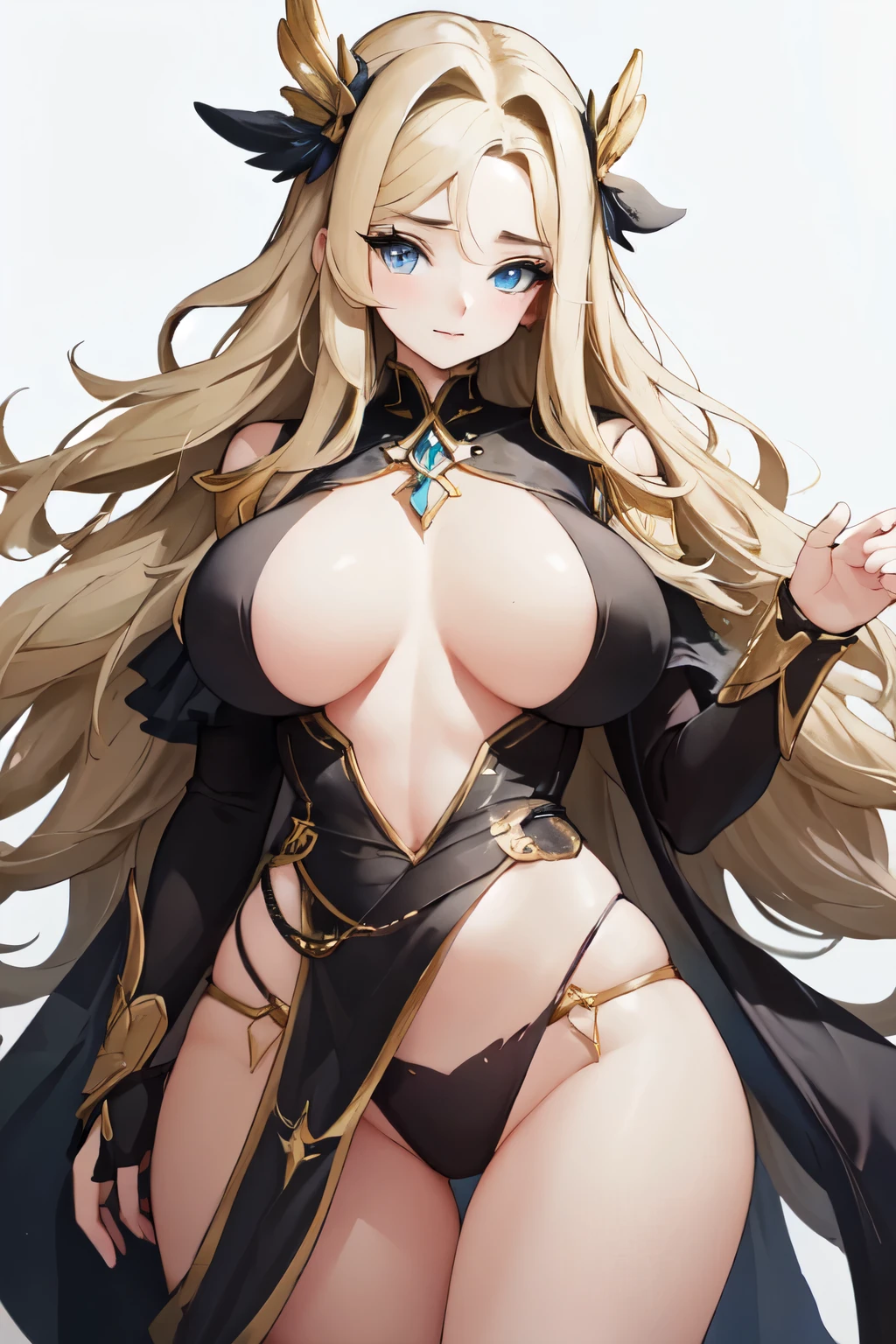 A blonde woman, wavy hair, blue eyes, a charming face and a mature body with physical characteristics similar to Sydney Sweeney(big boobs), forcing the clothes. She should be wearing a sexy fantasy armor with ripped details, black color. (The background should be neutral preferably white). Ensure the highest quality possible, resulting in a stunning piece of art.