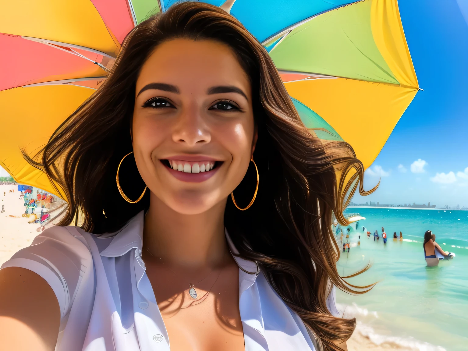 A woman is enjoying a sunny day at the beach. The woman, wearing a white blouse, is taking a selfie with her phone in front of her face. She has dark hair and is smiling slightly. Behind them is a colorful array of umbrellas that offer shade to other sunbathers. In the background, you can see the ocean and more people enjoying their time on the sandy beach. The overall atmosphere is relaxed and peaceful, typical of a day at the beach in Miami. . Full body photo, clear photo, high resolution, high quality, masterpiece, 16K. Sharp photo, high quality, high resolution (ultra quality masterpiece), Ultra HD, high contrast, 16K. Masterpiece: 1.3, high resolution, (photographically realistic), 8k, NUDE, NUDITY, NFSW