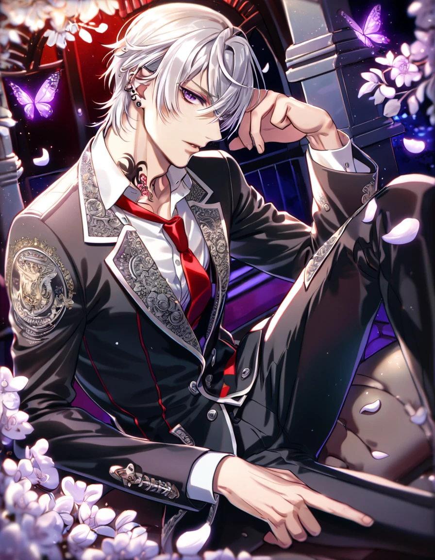 absurdres, highres, ultra detailed, HDR, master piece, best quality, Zero Kiryuu, white hair, short hair, expressive purple eyes, Vampire Knight, cross tatto on the neck, solo, sexy man, handsome, toned chest, black jacket, white shirt, red necktie, black pants, sitting, vampire knight uniform, ear piercing, cross, purple butterflies, petals, magical