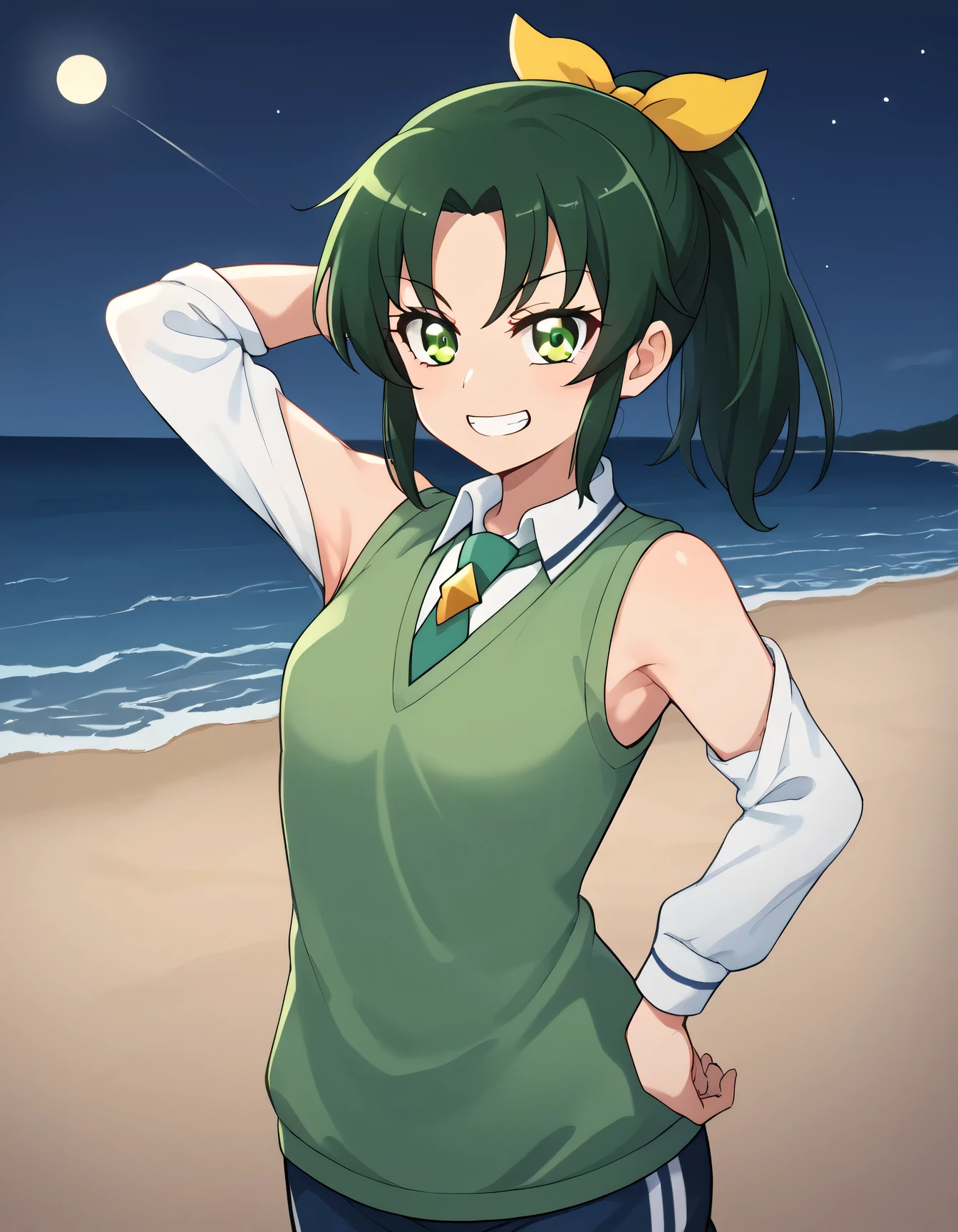 score_9, source_anime, rating_safe BREAK 1girl, solo
midorikawa nao, green hair, green eyes, ponytail, hair ribbon, nanairogaoka middle , green necktie, green sweater vest, (cowboy shot:1.5), solo, night sky, beach, arm behind head, hand on hip, contrapposto, spread armpits, looking at viewer, best quality, grin, sexy pose,