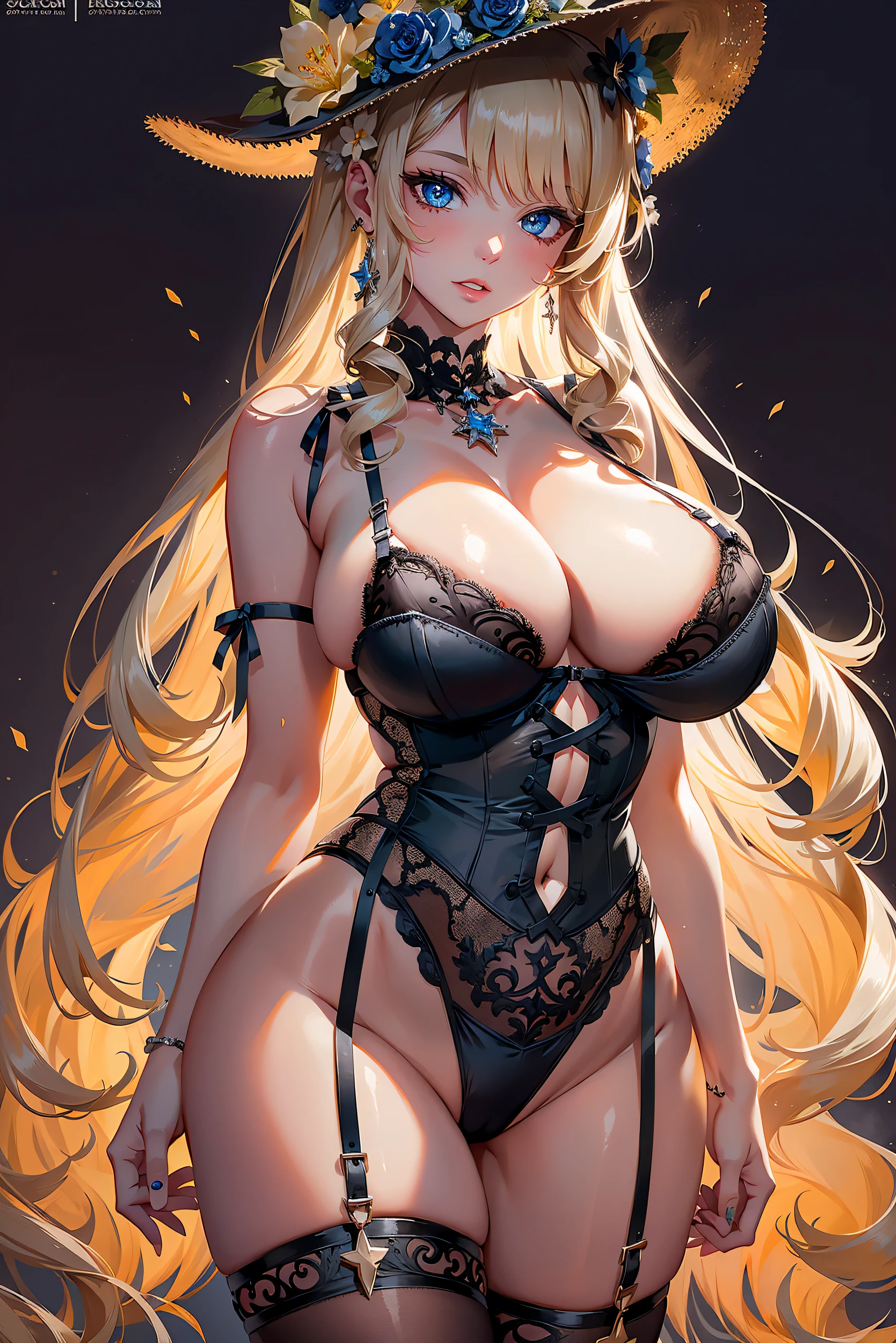 (masterpiece), perfect anatomy, intricate, (highly detailed), masterpiece, photorealistic, perfect anatomy, super detailed skin, beautiful detailed eyes, best quality, ultra-detailed looking at viewer, (extremely detailed eyes:1.3), vibrant colour, shadow, contrast, refraction, perspective, depth, good anatomy, stunning details, (big saggy breast:1.1), (extremely detailed lingerie:1.5), Light Blue eyes, navia, long hair, flower, jewelry, hat flower, cleavage, large breasts, very long hair, thighhighs,