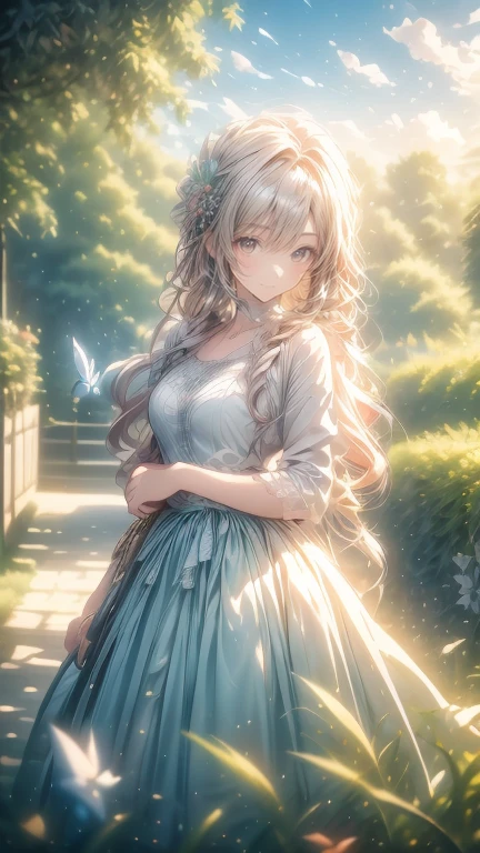 (masterpiece)、(highest quality)、anime style female character、long curly colored hair、Dark Eyes、A soft smile、Pale blue and white dress、Beautiful flowers in a sunny garden々Posing gracefully in、Colorful lights pouring down from the sky、Butterfly on background々