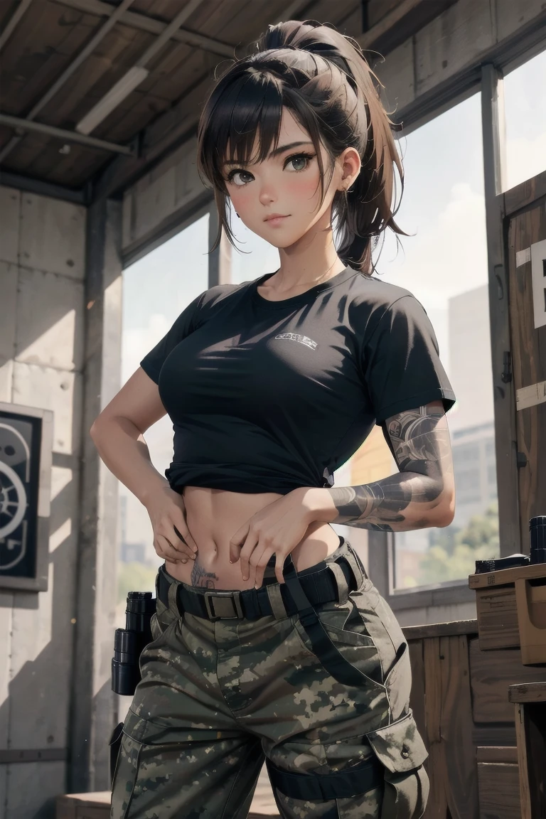 military girl, brown ponytail, black tshirt, baggy military camo pants, slim waist, best quality, indoor shooting range, practice, holding m4a1, sweating, after training, looking at viewer,tacticool, dwarfoil, Tattoos, holding colt 1911 in both hands pointed toward the sky, beautiful wood and steel colt 1911,
