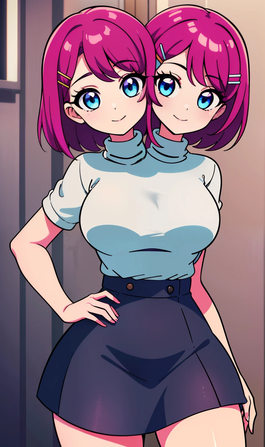 b best quality, (masterpiece),(ultra-detailed), (high quality), (high resolution), ((2heads:1.5)), ((dark magenta hair)), shorts, best quality:1.5, highres, UHD, 4K), smiling, ((white turtleneck shirt)), (short sleeves),((seductive pose)), ((detailed eyes)), (light blue eyes), dark gray skirt, hairclip, ((girl with two heads)