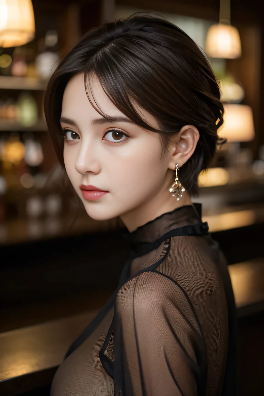 masterpiece, highest quality, Realistic, Very detailed, Finer details, High resolution, 8k wallpaper, One beautiful woman, Wear a black see-through shirt, A great bar counter, At night, Light brown unkempt short hair, Perfect dynamic composition, Beautiful and beautiful eyes、Big earrings、